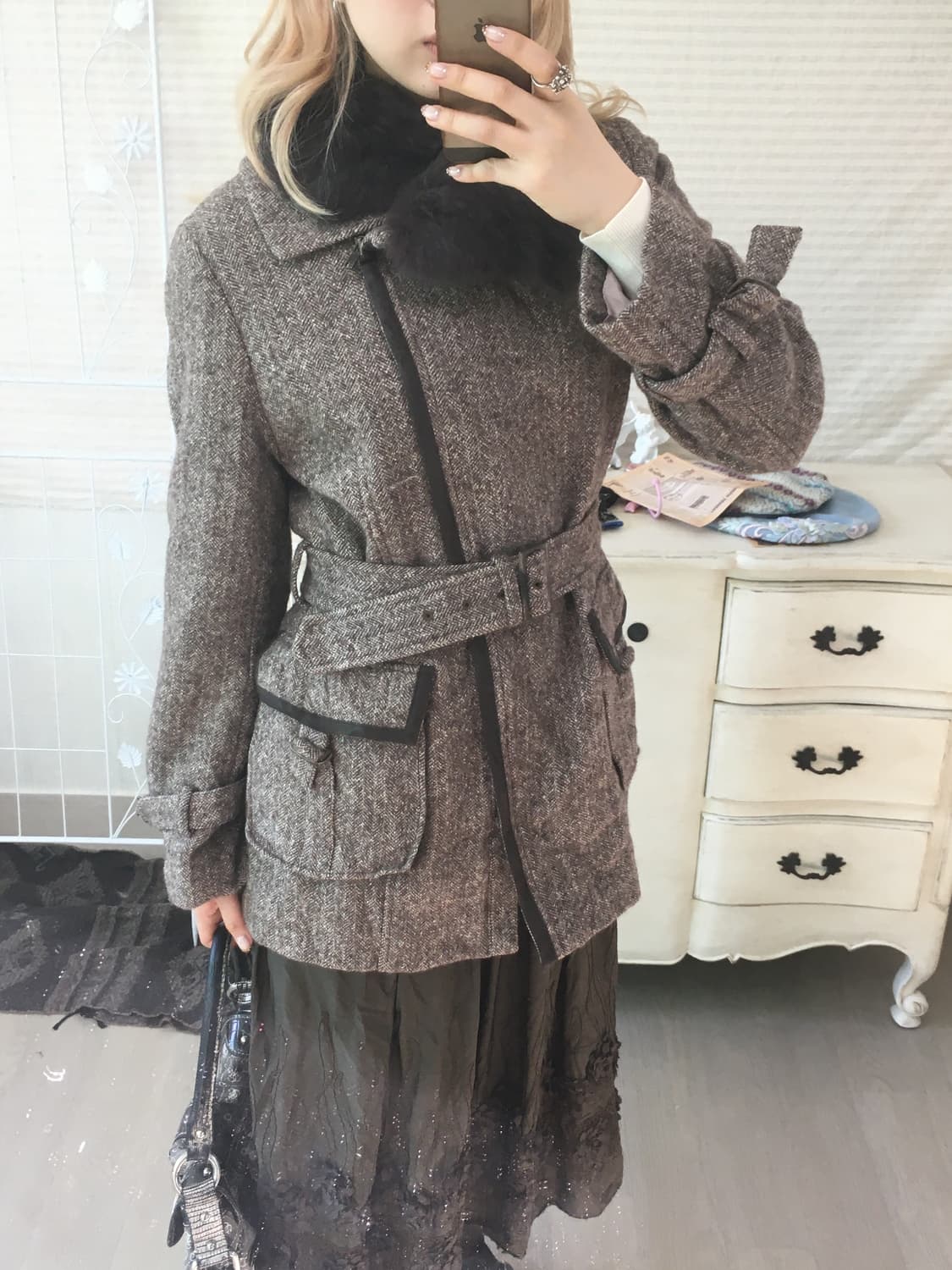  brown herringbone furcollar belted coat 상품이미지5
