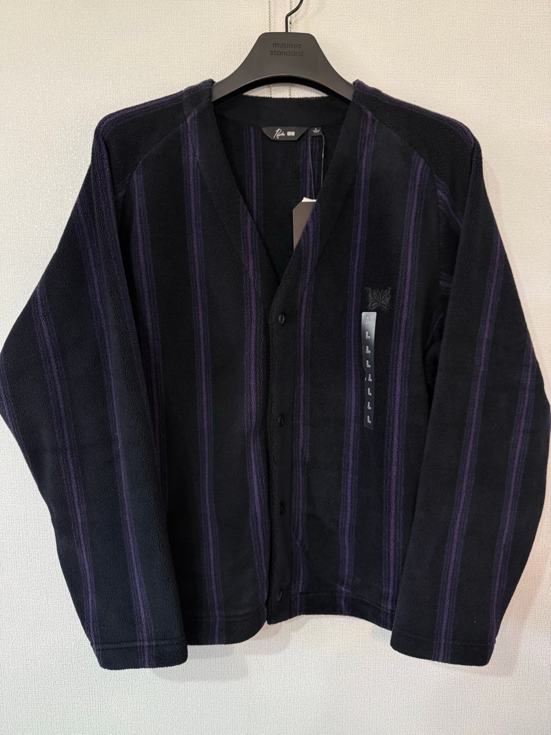 [L] 유니클로x니들스 오버 플리스 가디건 블랙 스트라이프 상품이미지2