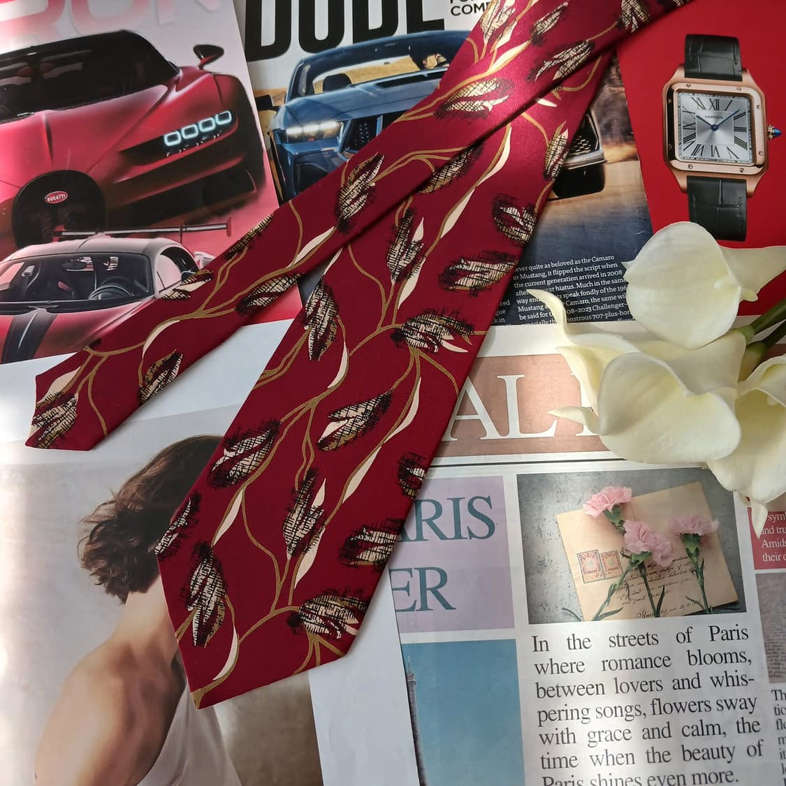 로메오 피티 실크 버건디 리프 패턴 넥타이 9.3cm A등급 A18936 상품이미지2