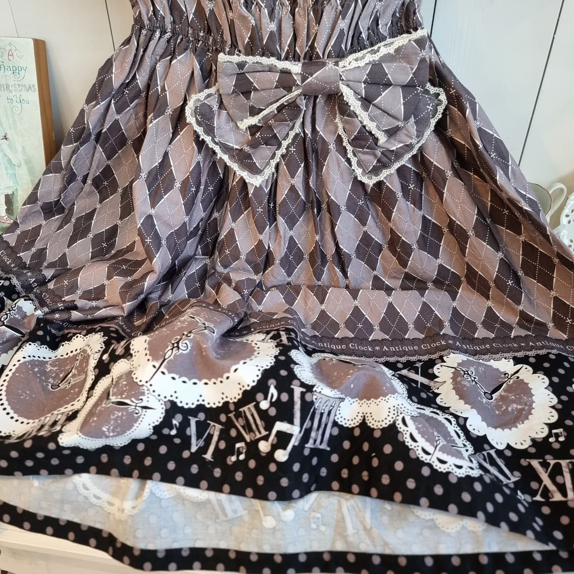빈티지 다이아몬드 패턴 리본 원피스 상품이미지4