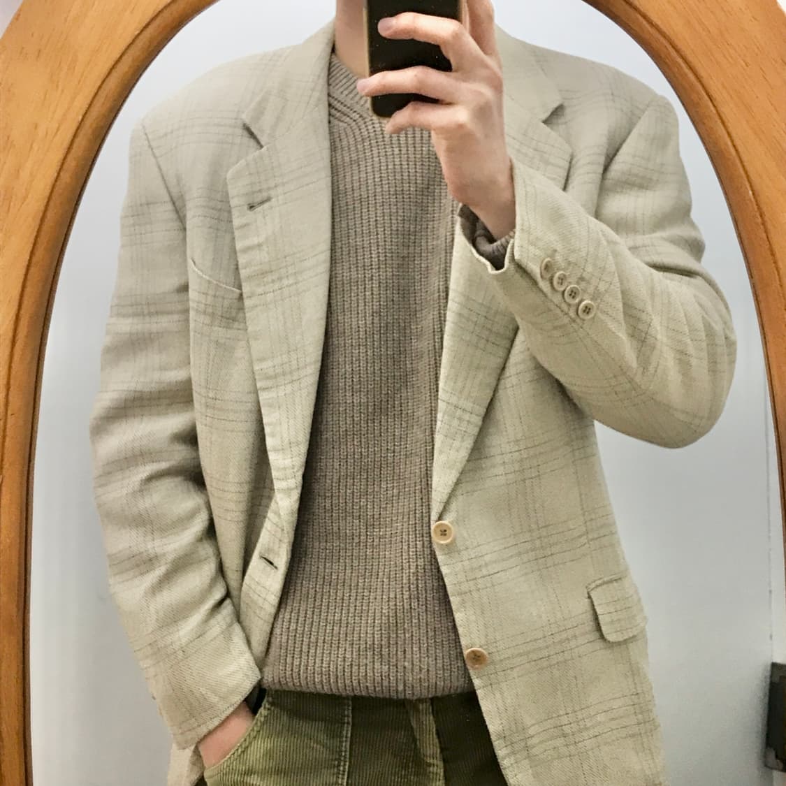 90s 발렌티노 꾸뛰르 베이지 체크 린넨 자켓 블레이저 남성 105 상품이미지9