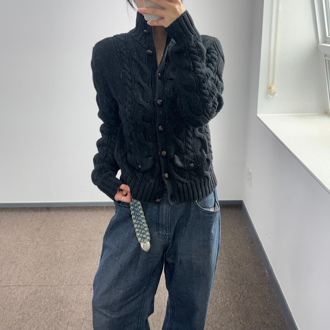Polo 폴로 블랙 케이블 니트 버튼업 하이넥 가디건 상품이미지2