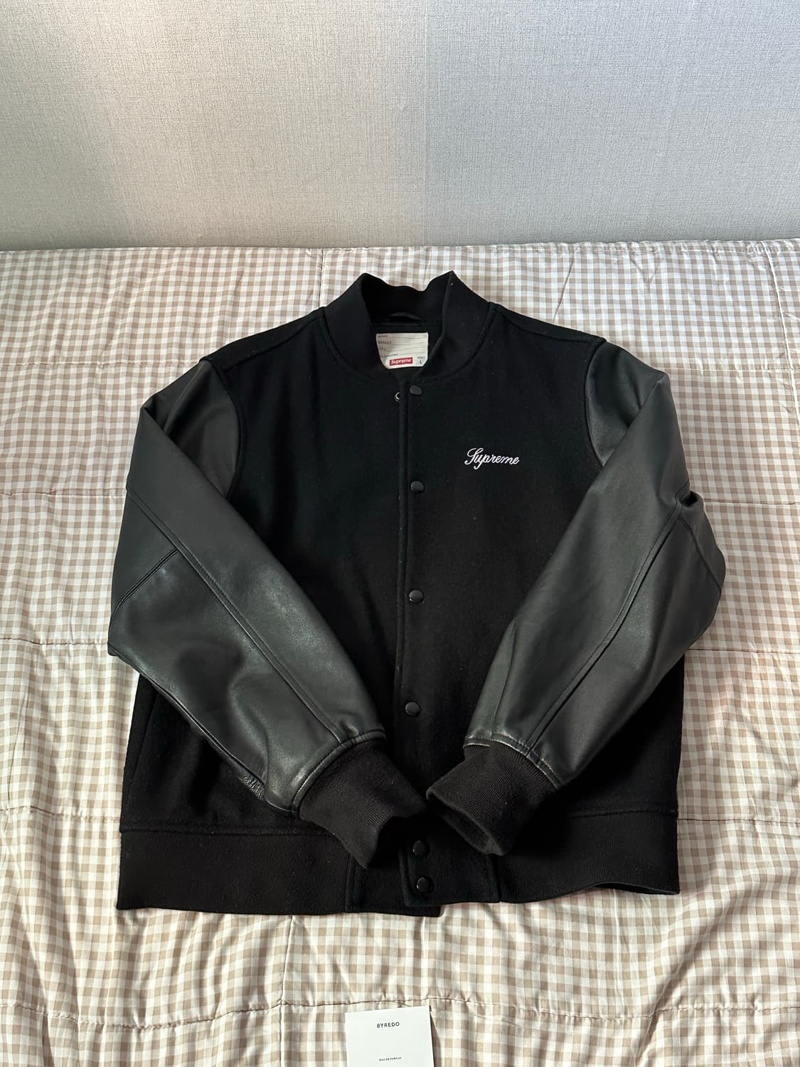L사이즈 슈프림 리얼 레더 슬리브 TEAM 바시티 자켓 블랫 상품이미지1