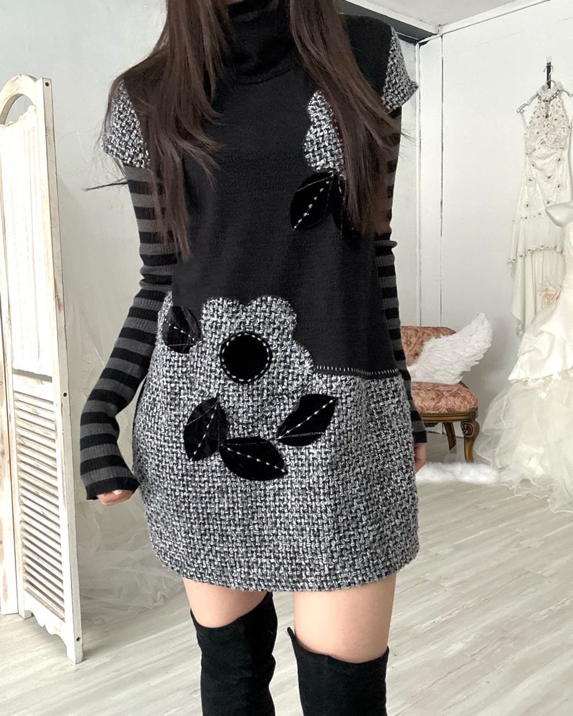 Nerd feminine black flower point dress 상품이미지7