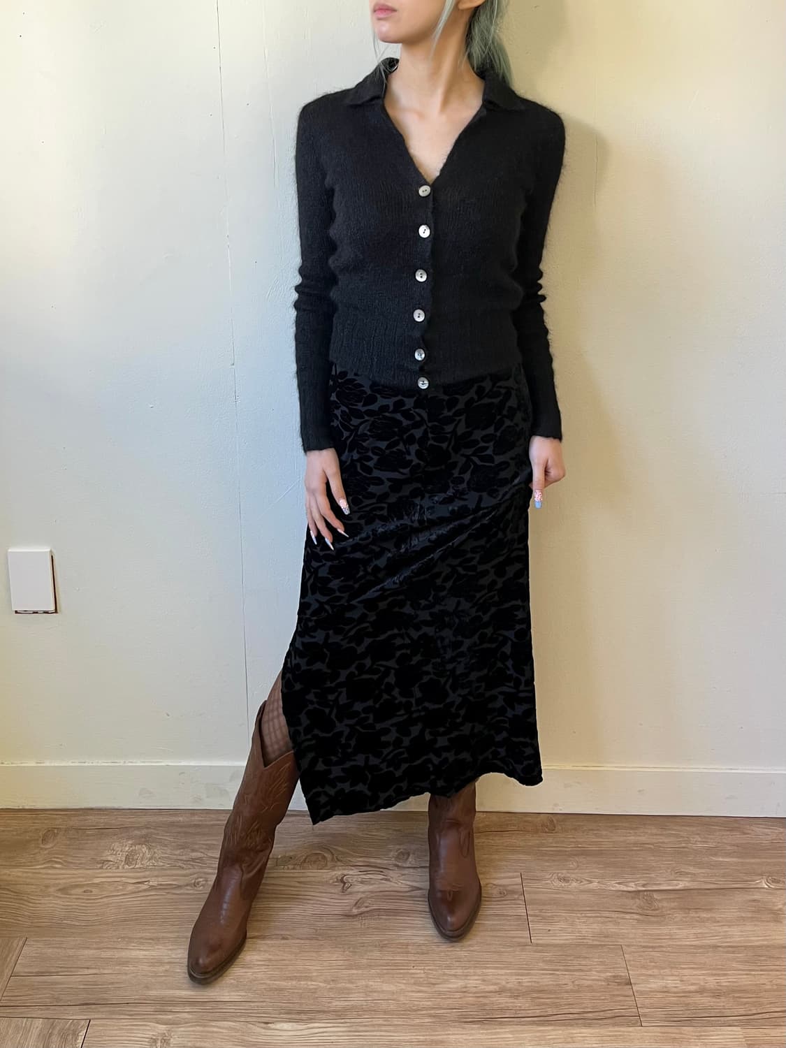 japan vtg 벨벳 플라워 밴딩 스커트 상품이미지5