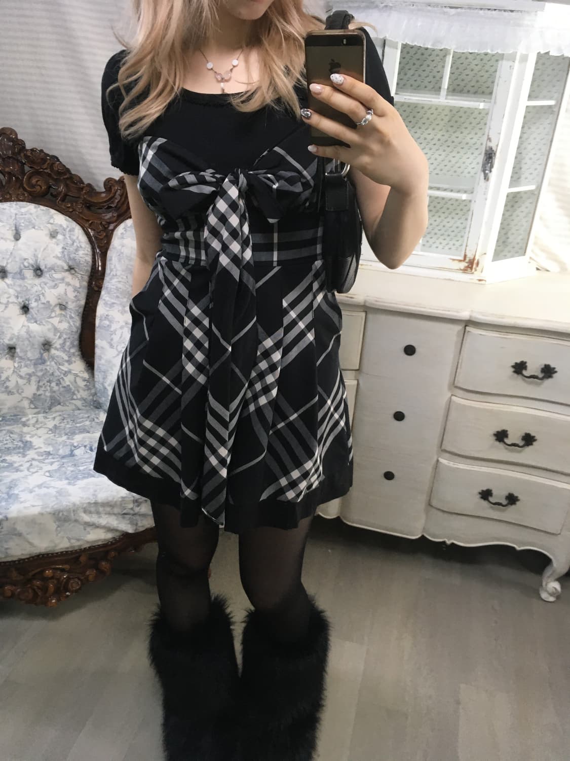 빈티지 로걀 리본 체크 점프수트 상품이미지5