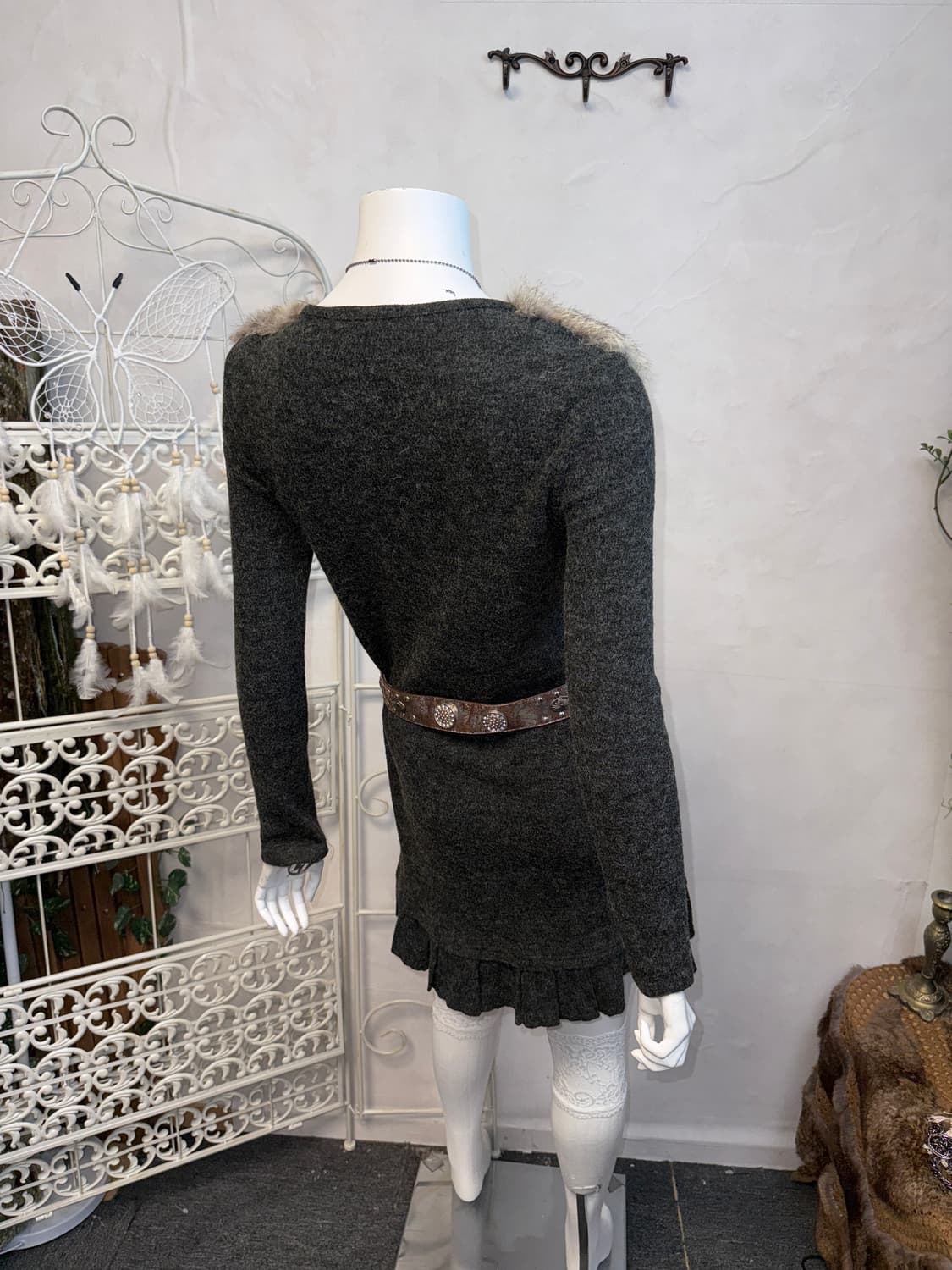 Charcoal rabbit fur trimming wool ops 상품이미지3