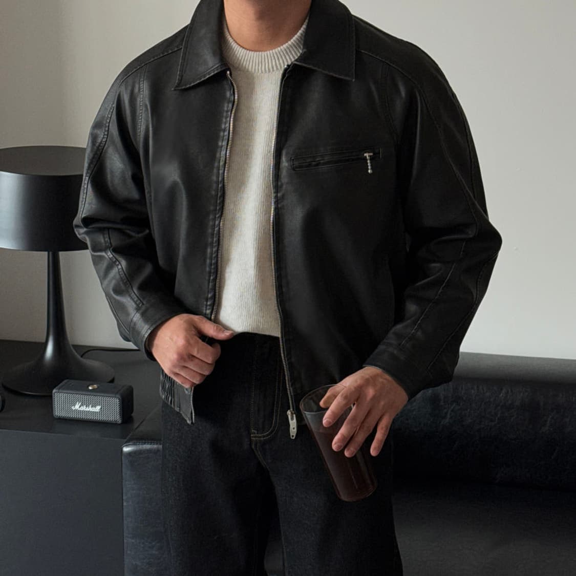 [OS] 남자 숄더 가먼트 워싱 비건 레더자켓 상품이미지2