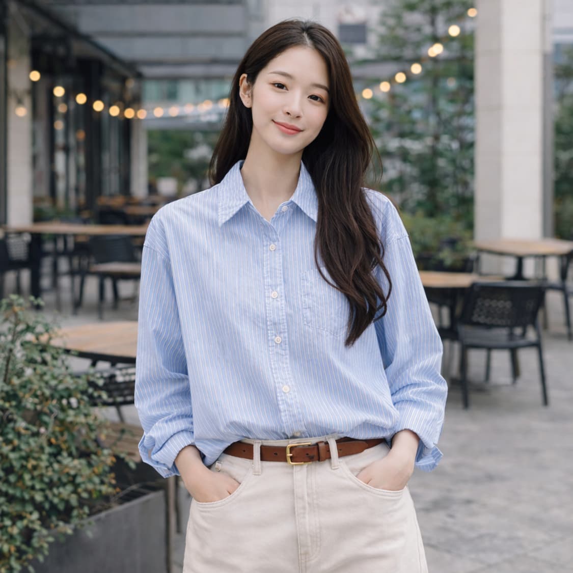 unene 오버핏 스트라이프 코튼 셔츠 블루 상품이미지1