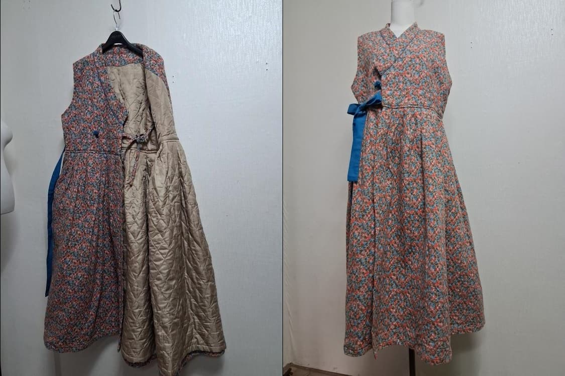 개량한복형 맞춤제작 꽃무늬 퀼팅 누빔 롱원피스 랩디지인 새거컨디션77 상품이미지3