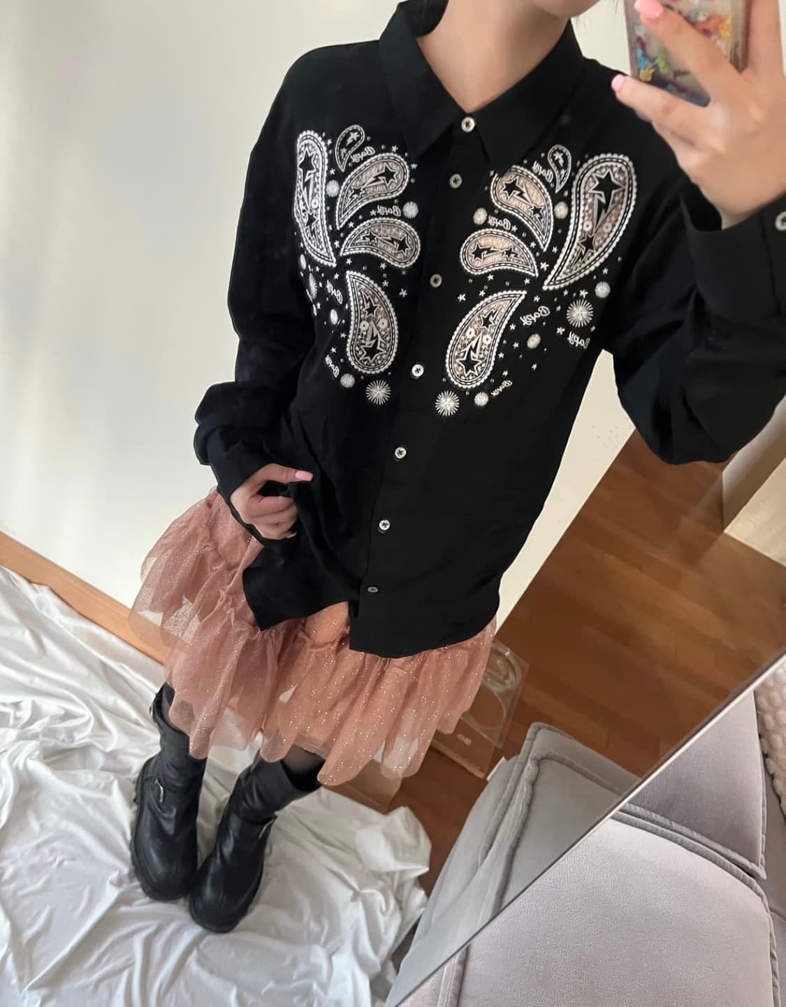 베이프 스타 자수 페이즐리 스터드 큐빅 오버사이즈 셔츠 상품이미지1