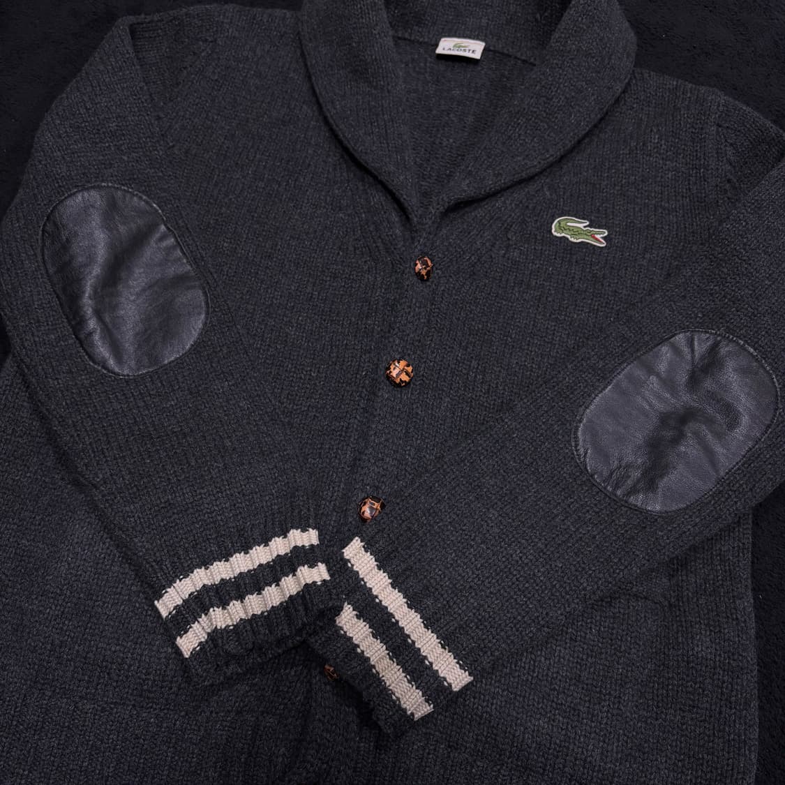 L 라코스테 차콜 엘보우패치 울 숄카라 가디건 상품이미지3