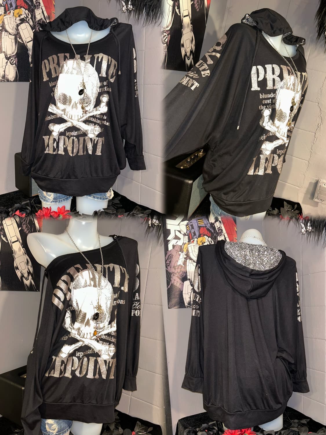 해골 프린팅 스터드 가오리핏 후드티 펑크y2k갸루 상품이미지2