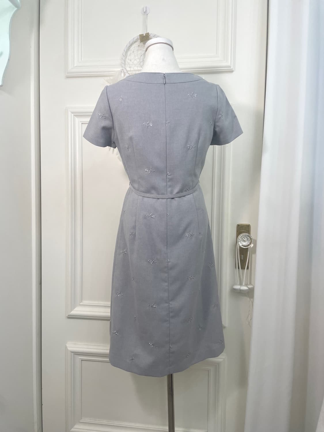 graish blue flower embroidery bow belt o 상품이미지3