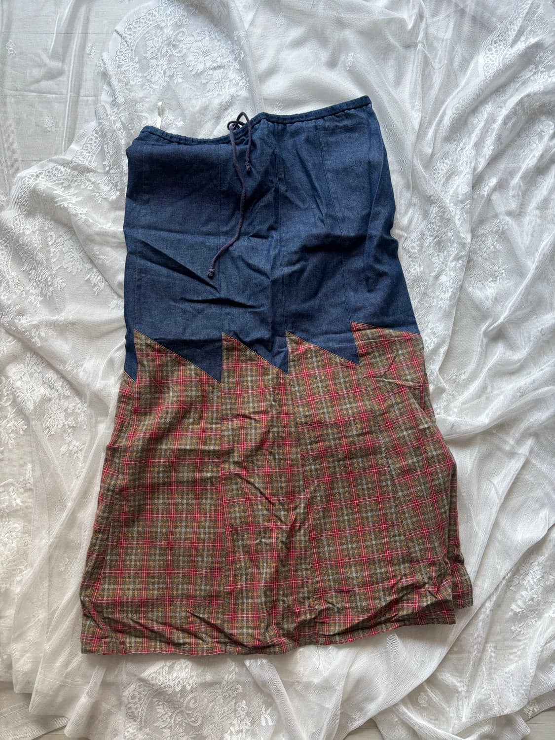 빈티지 데님 체크 롱스커트 상품이미지1