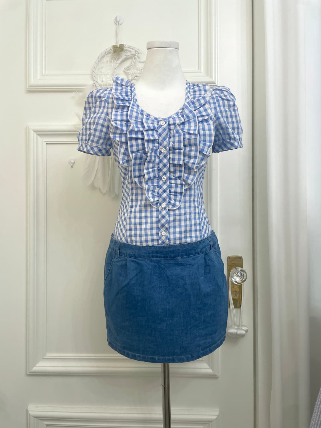 sky blue ginham check ruffle top denim s 상품이미지1