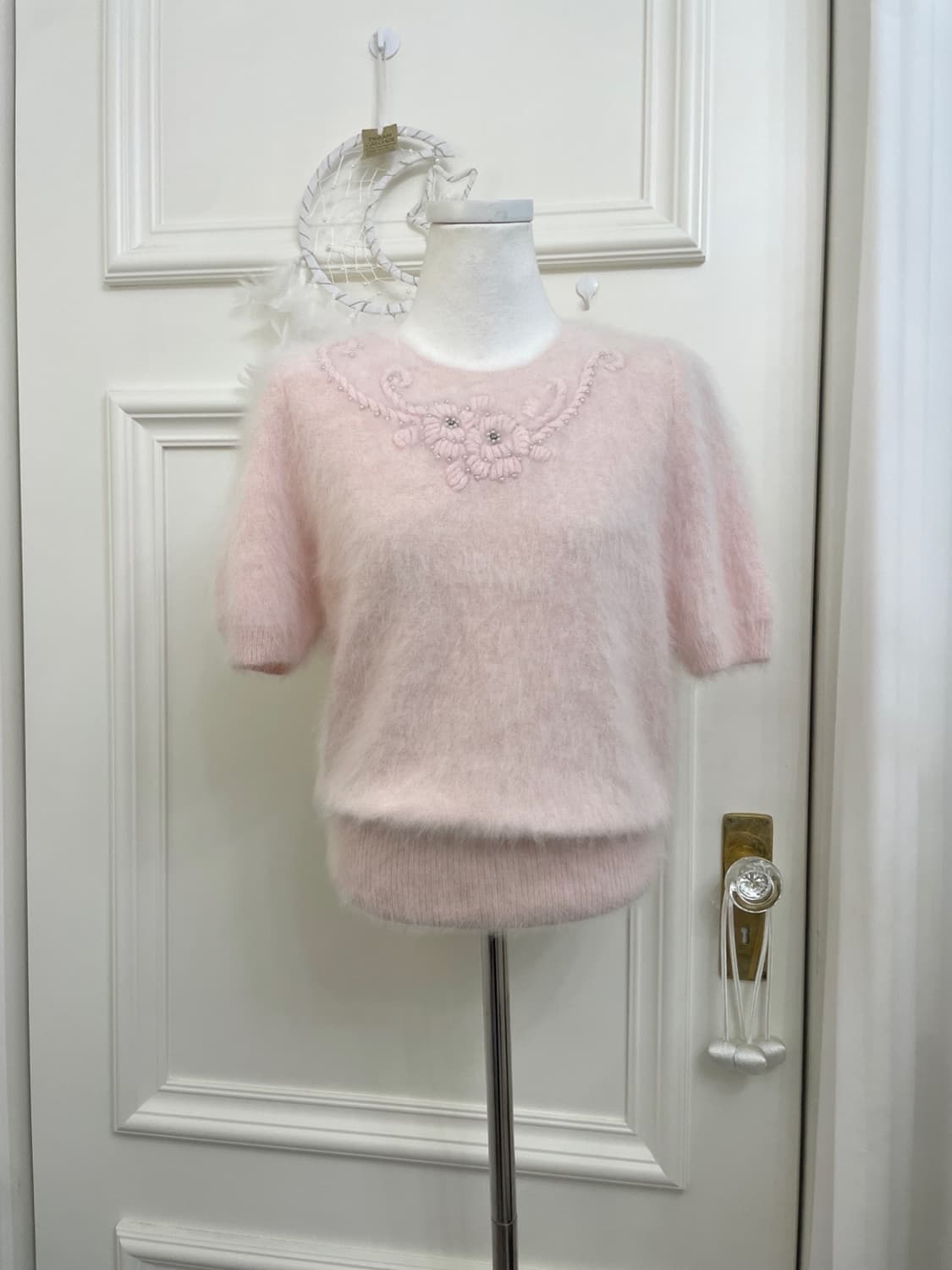 baby pink flower embroidery angora half 상품이미지1