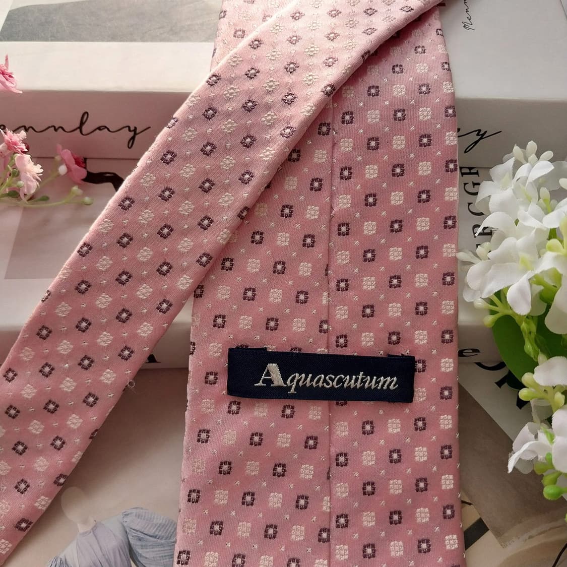 아쿠아스큐텀 실크 핑크 패턴 넥타이 9.4cm A+등급 K1932 상품이미지7
