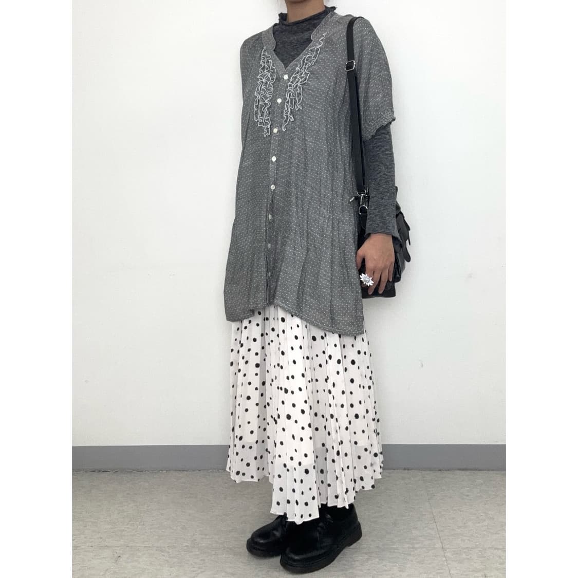 빈티지 그레이 모리걸 도트 반팔 원피스 상품이미지3