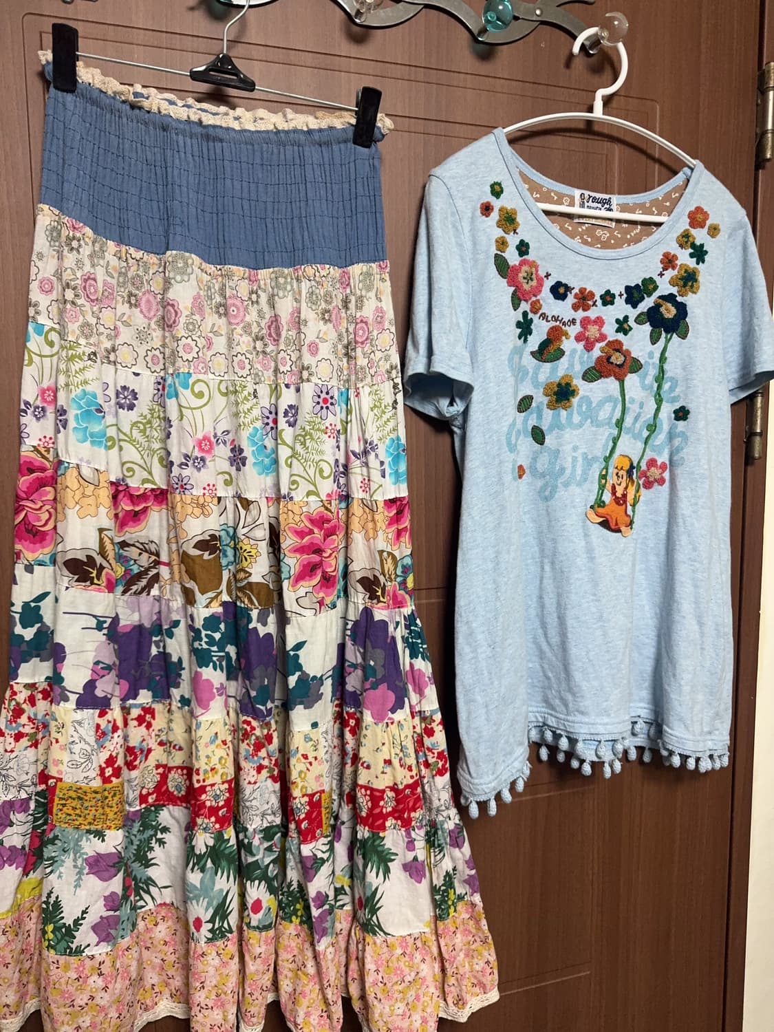 모리걸 하구미 히피 빈티지 패치 스커트 rough 자수 반팔 티셔츠 세트 상품이미지2