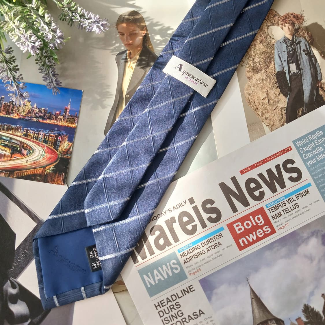 아쿠아스큐텀 실크 네이비 체크 넥타이 9cm A+등급 A19681 상품이미지8