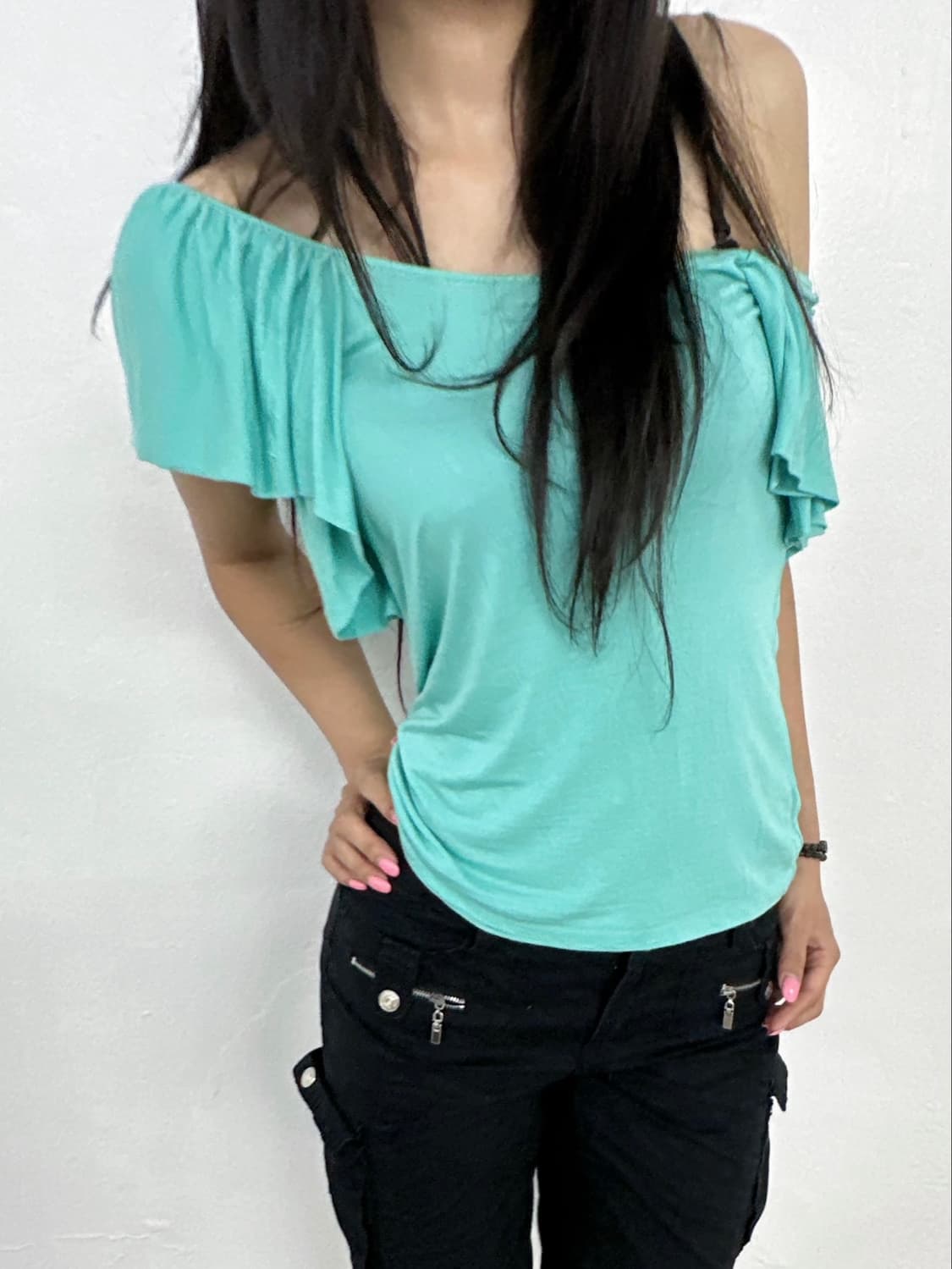 Mint Ruffle Off Shoulder Blouse 상품이미지2
