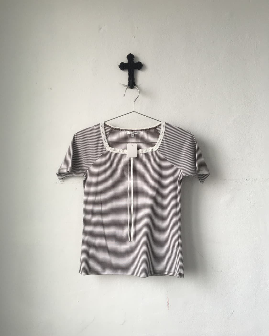 Lace trimming stripe pattern t shirt 상품이미지2