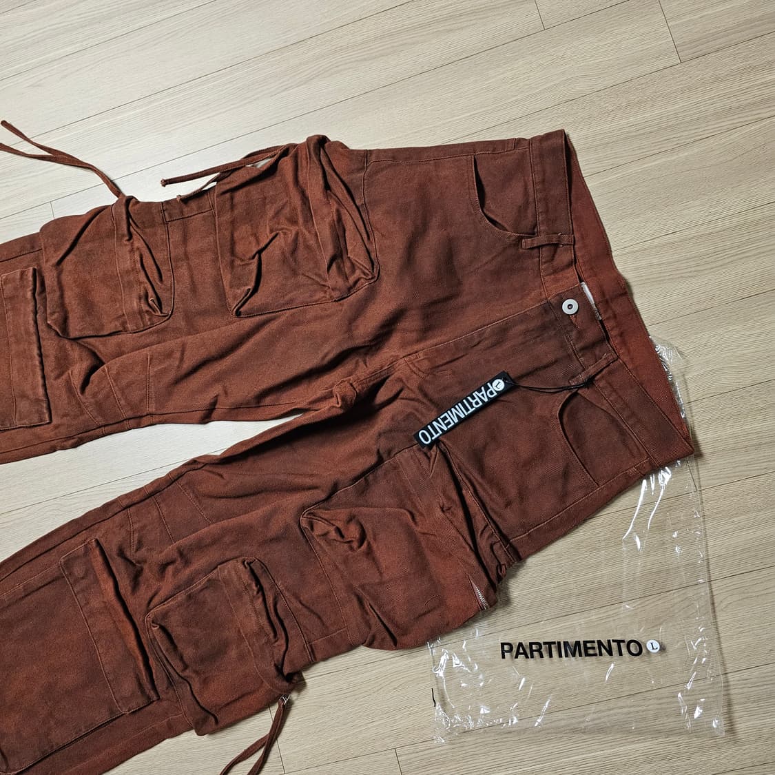 L 32 42 새제품) 파르티멘토 더티 워싱 컴뱃 카고 팬츠 버건디 벽돌 상품이미지3