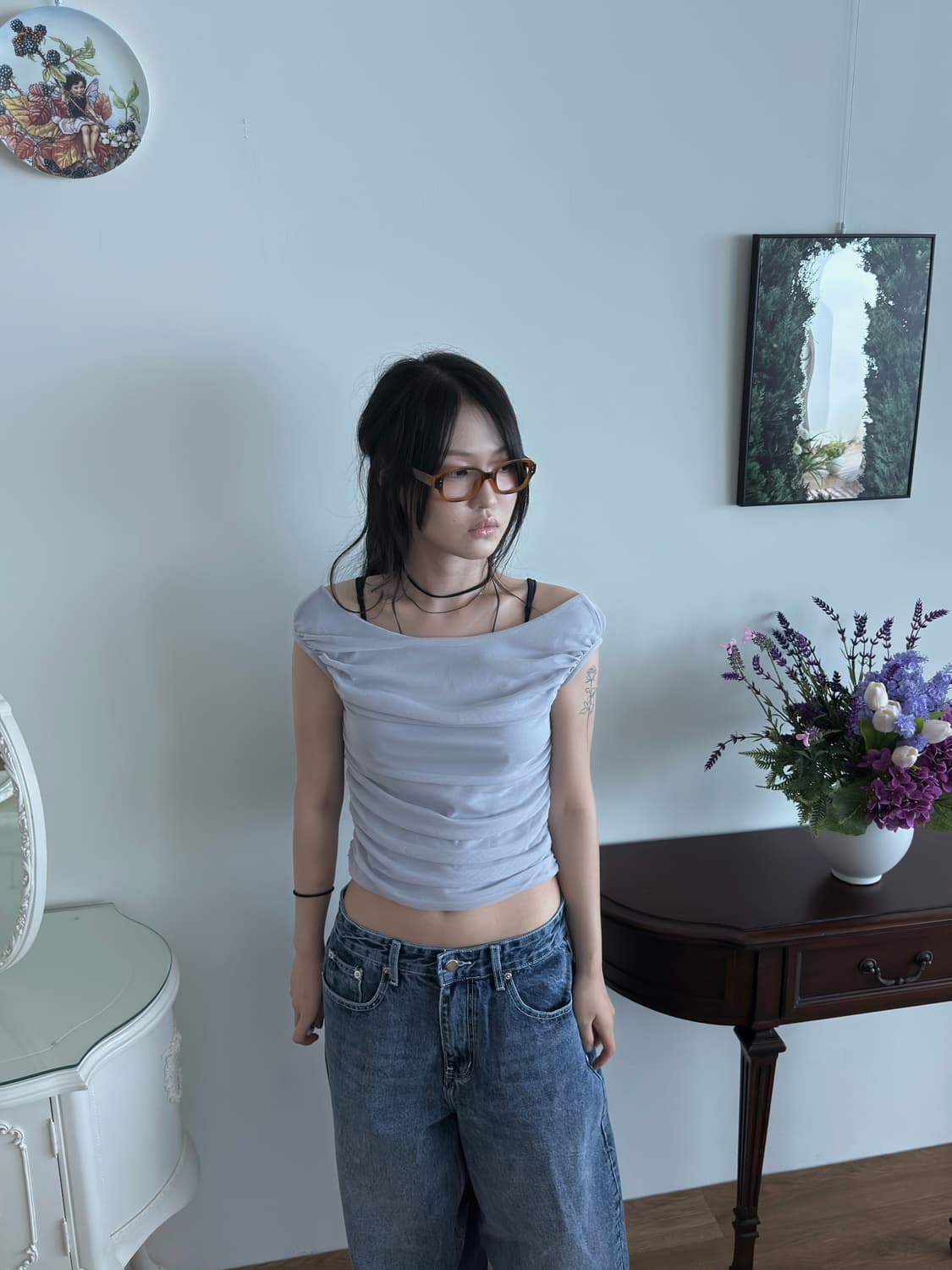 리버시블 셔링 오프숄더 티셔츠 블라우스 라이트블루 상품이미지1