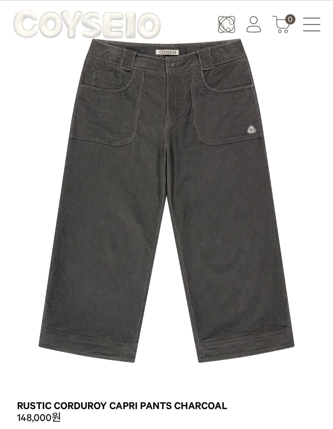 코이세이오 CORDUROY CAPRI PANTS 카프리 팬츠 차콜 상품이미지1