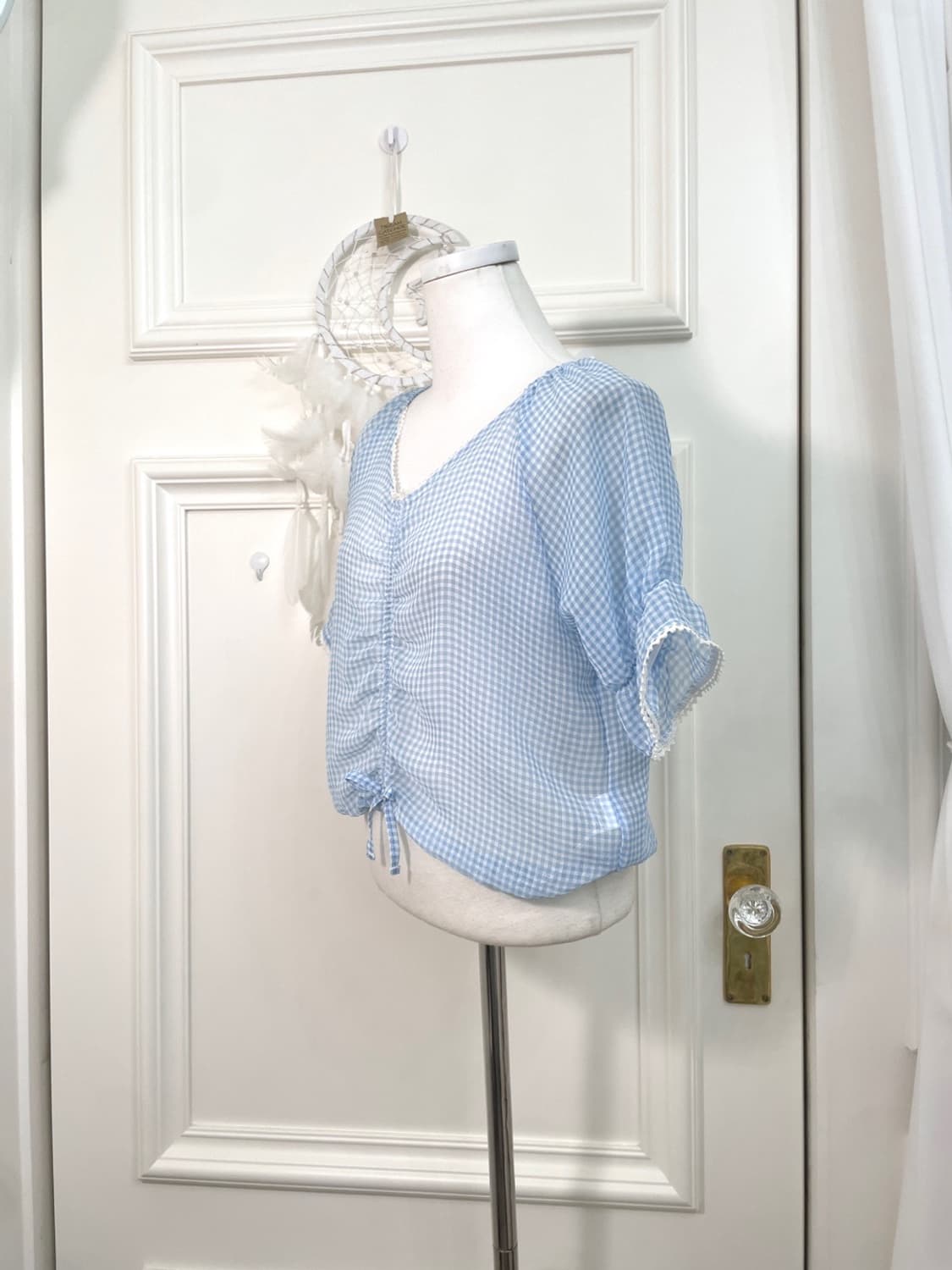 sky blue check shirring chiffon blouse 상품이미지2