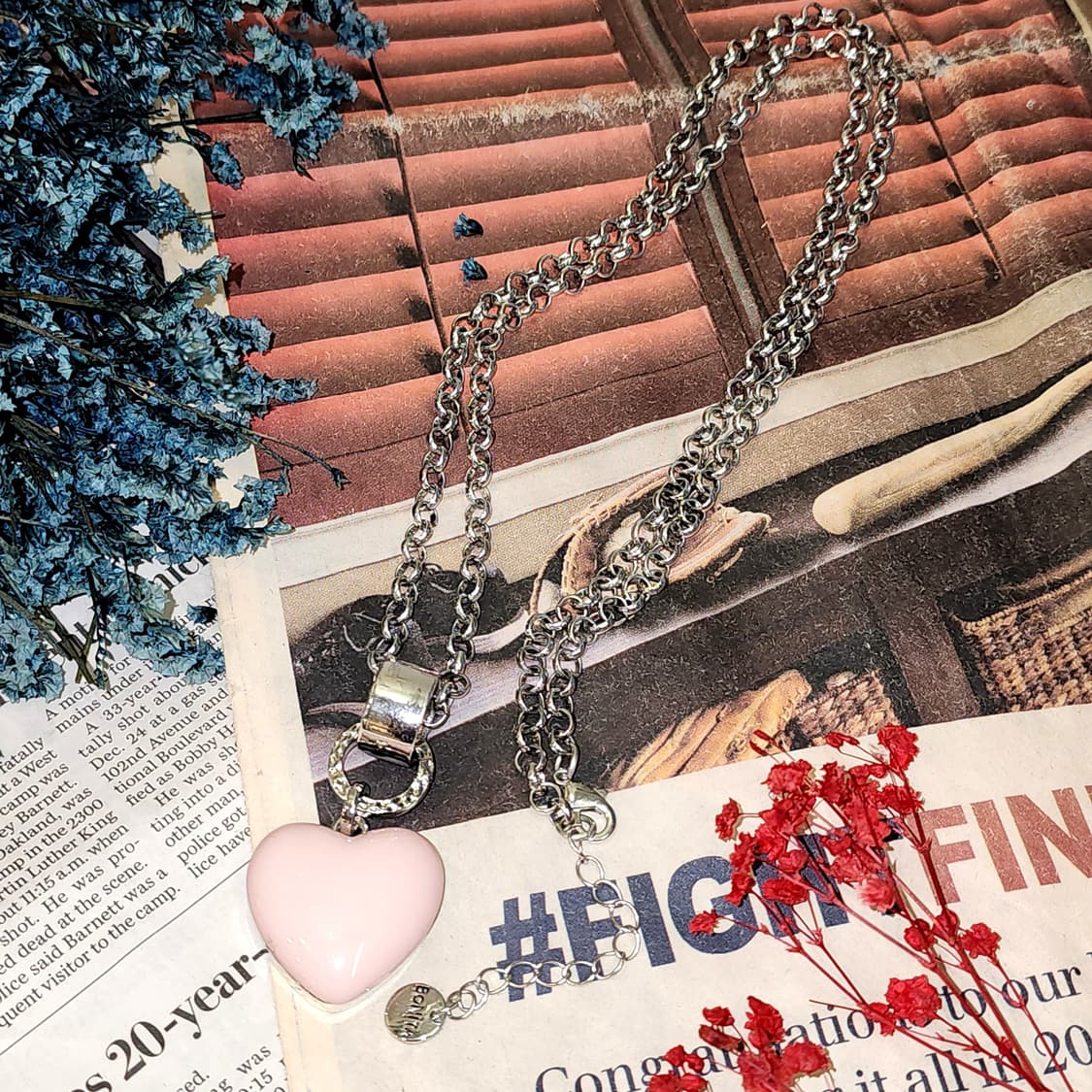 90s 프랑스 빈티지 목걸이 핑크 애나멜 하트 실버 체인 네클리스 상품이미지2