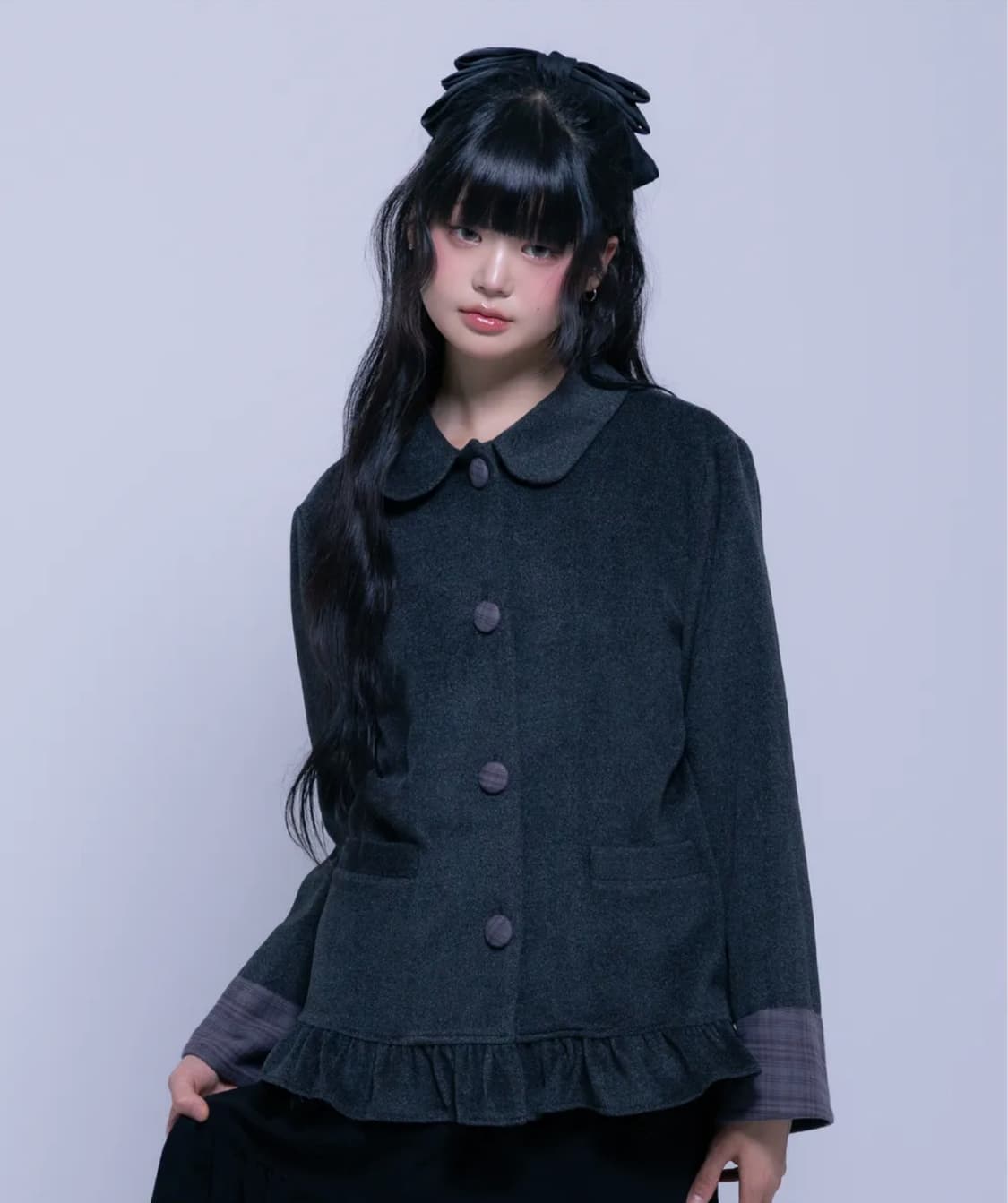 체크 포인트 라운드 카라 자켓 블랙 코이세이오 상품이미지1