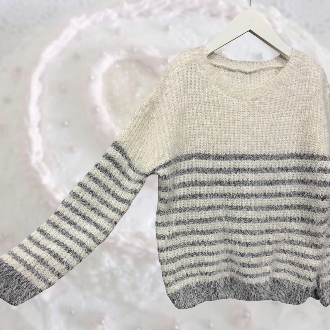 일본 빈티지 미니멀 그레이 스트라이프 퍼 앙고라 니트 상품이미지2