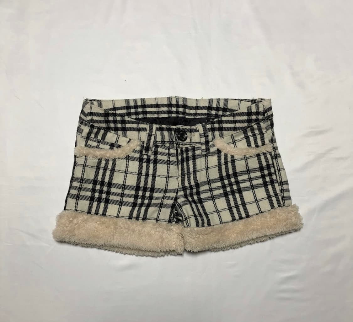 빈티지 니혼진 모리걸 체크 퍼 반바지 아이보리 블랙 상품이미지1
