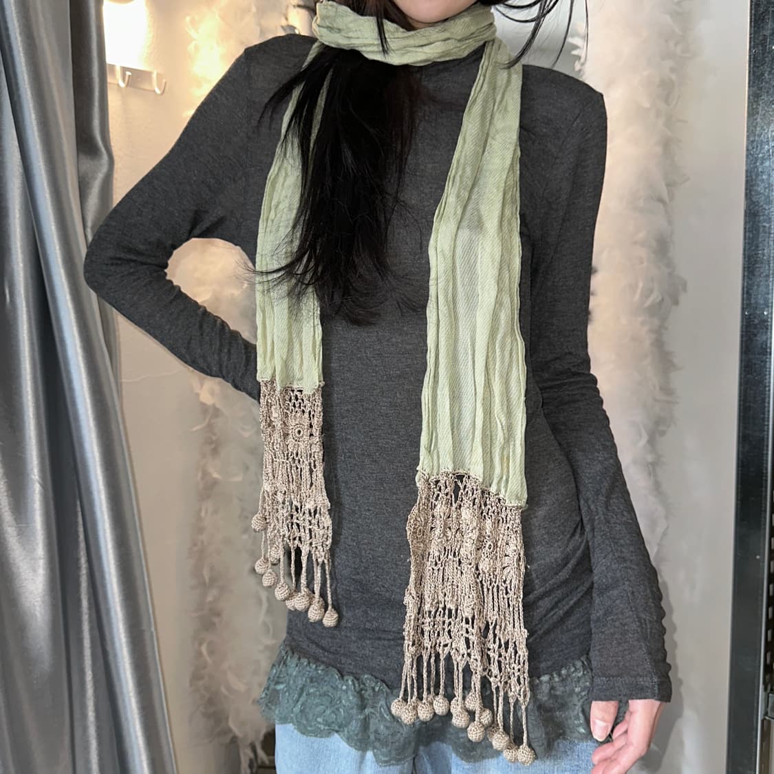 2000s 빈티지 크로셰 니트 그린 롱 스카프 상품이미지1