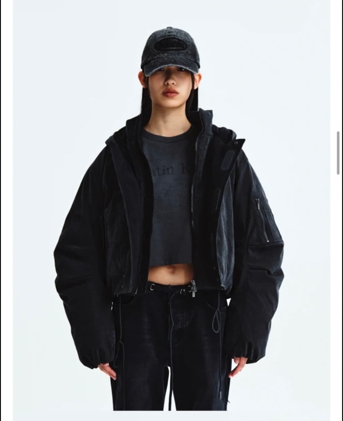 마뗑킴 레이어드 후디 봄버 다운 점퍼 차콜 m 상품이미지1