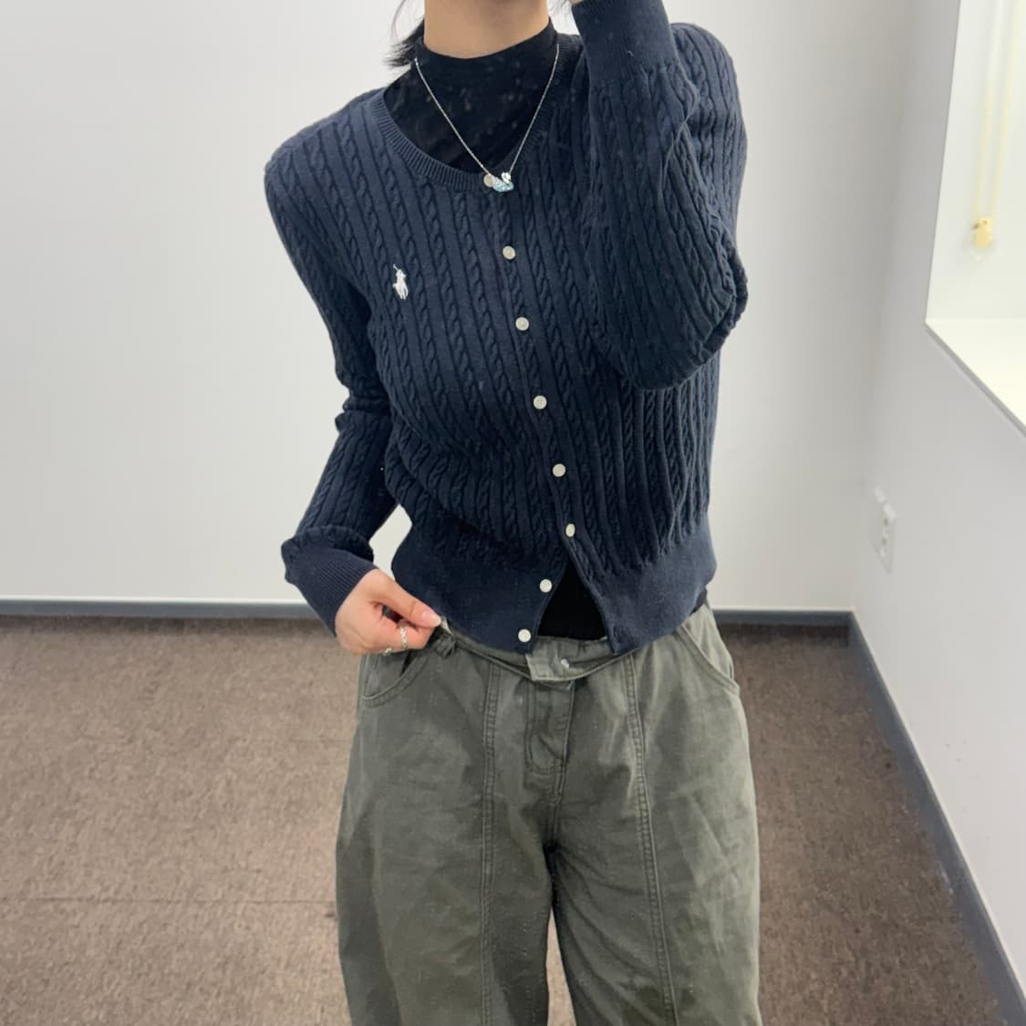 Polo 폴로 화이트 포니 다크 네이비 케이블 니트 가디건 상품이미지2