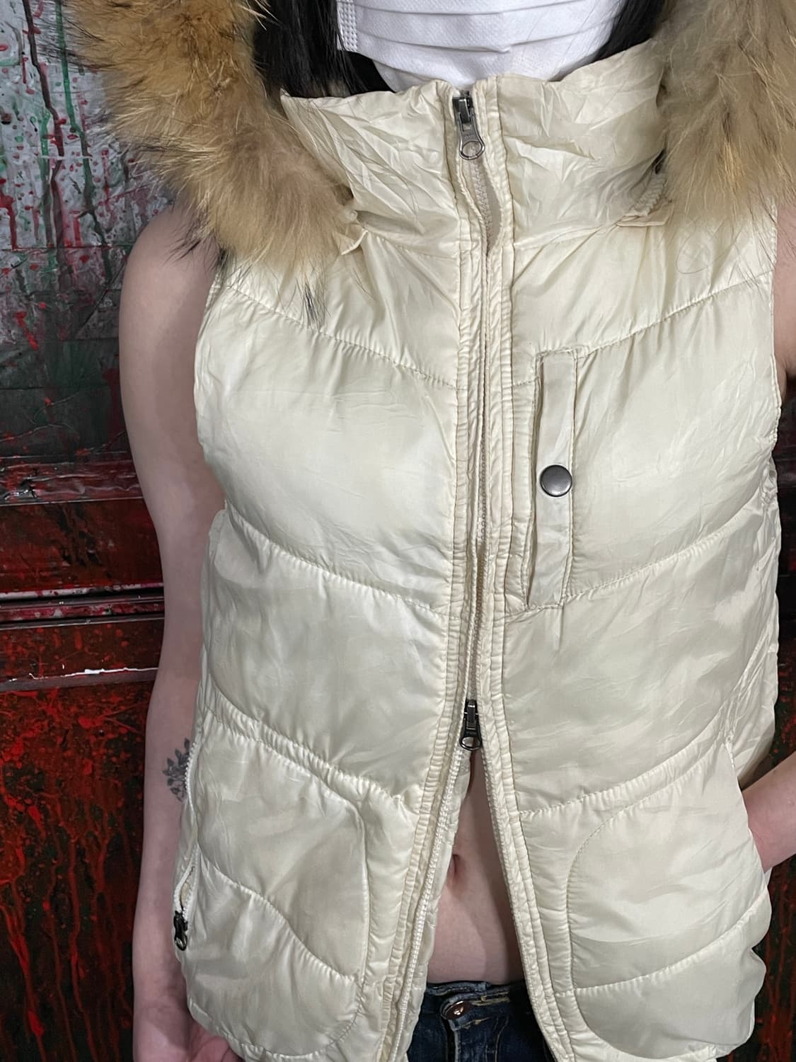 일본 빈티지 퍼 후드 울프죠 갸루 패딩조끼 베스트 L 상품이미지4