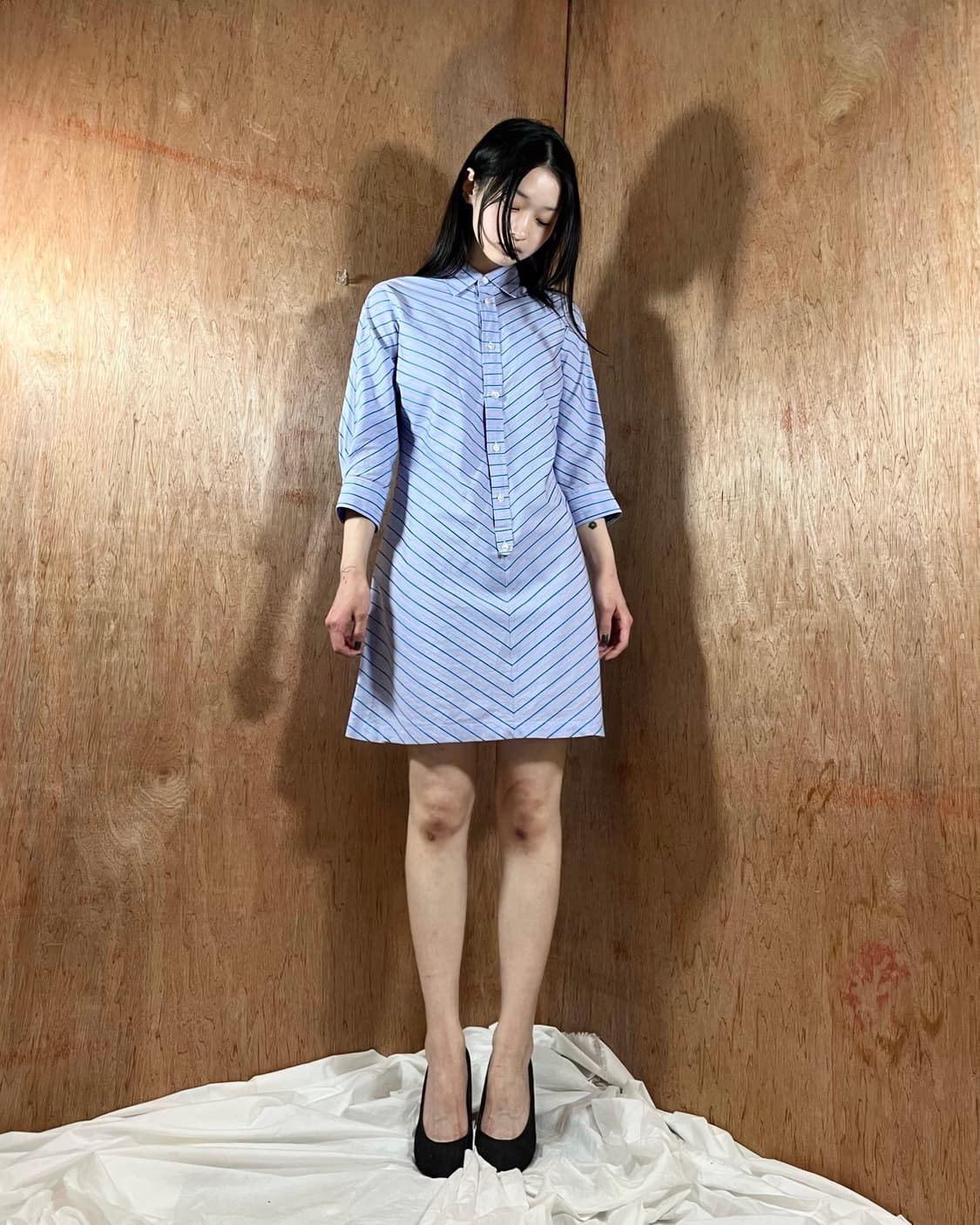 준야와타나베 꼼데가르송 블루 스트라이프 쉐브론 셔츠드레스 상품이미지2