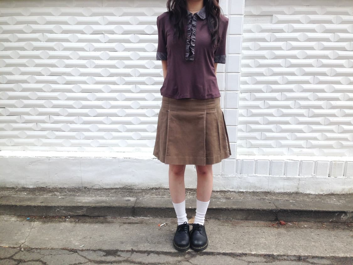 빈티지 반팔 티셔츠 스트라이프 카라 프릴 디테일 루즈핏 브라운 상품이미지2