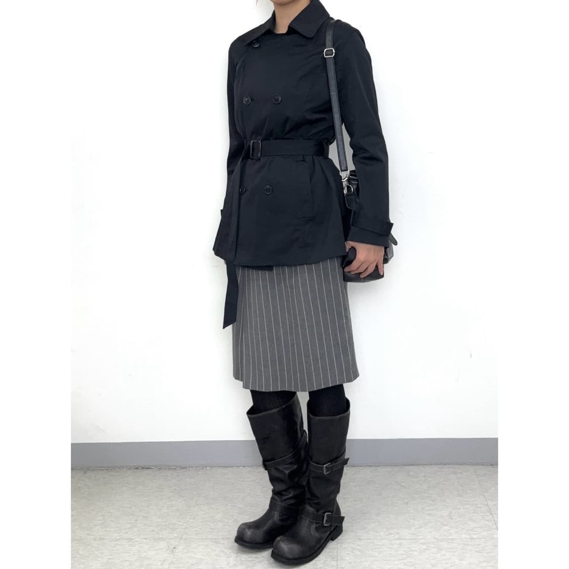 빈티지 차콜 스트라이프 미디 스커트 상품이미지1