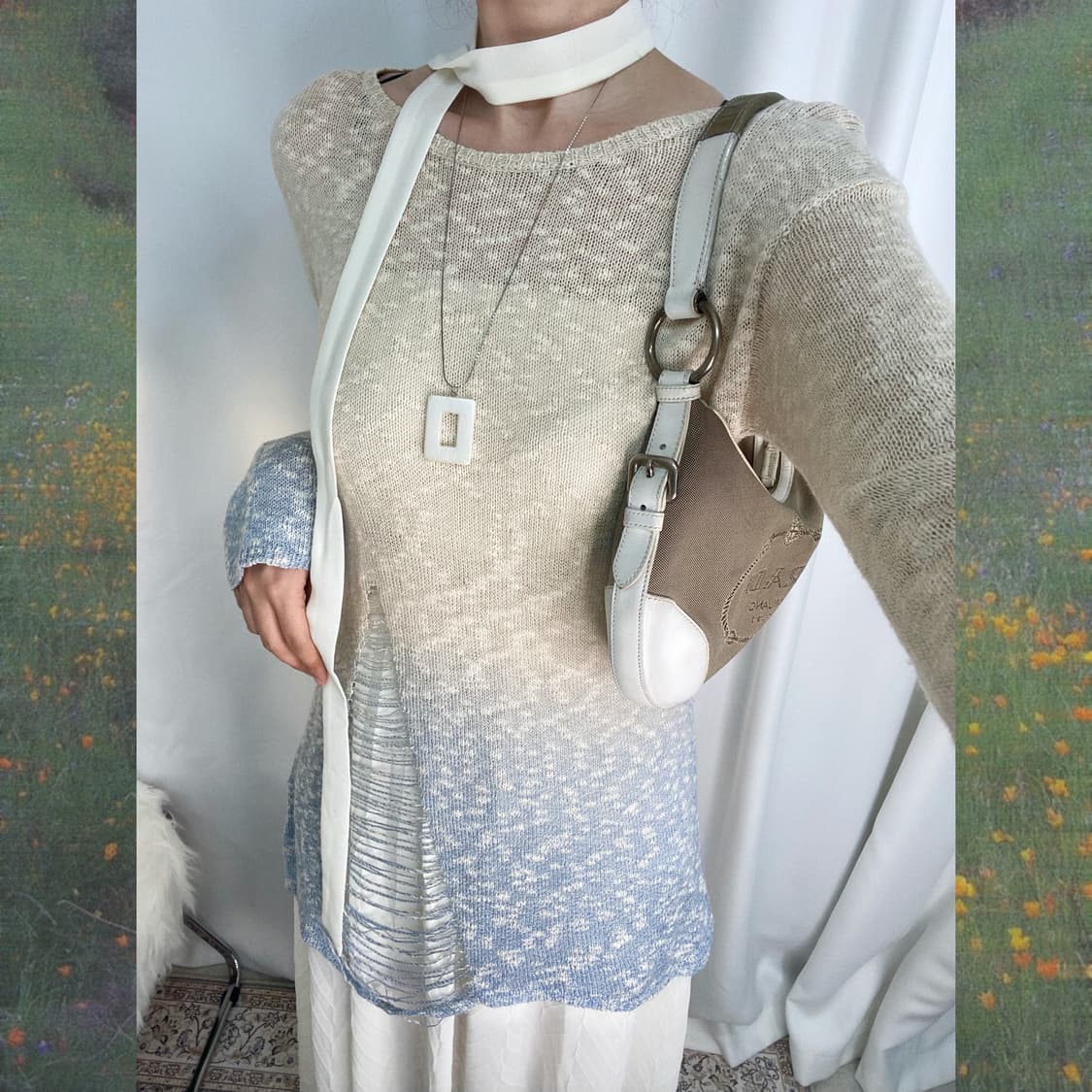 하늘색 데미지 그라데이션 롱 니트 상품이미지2