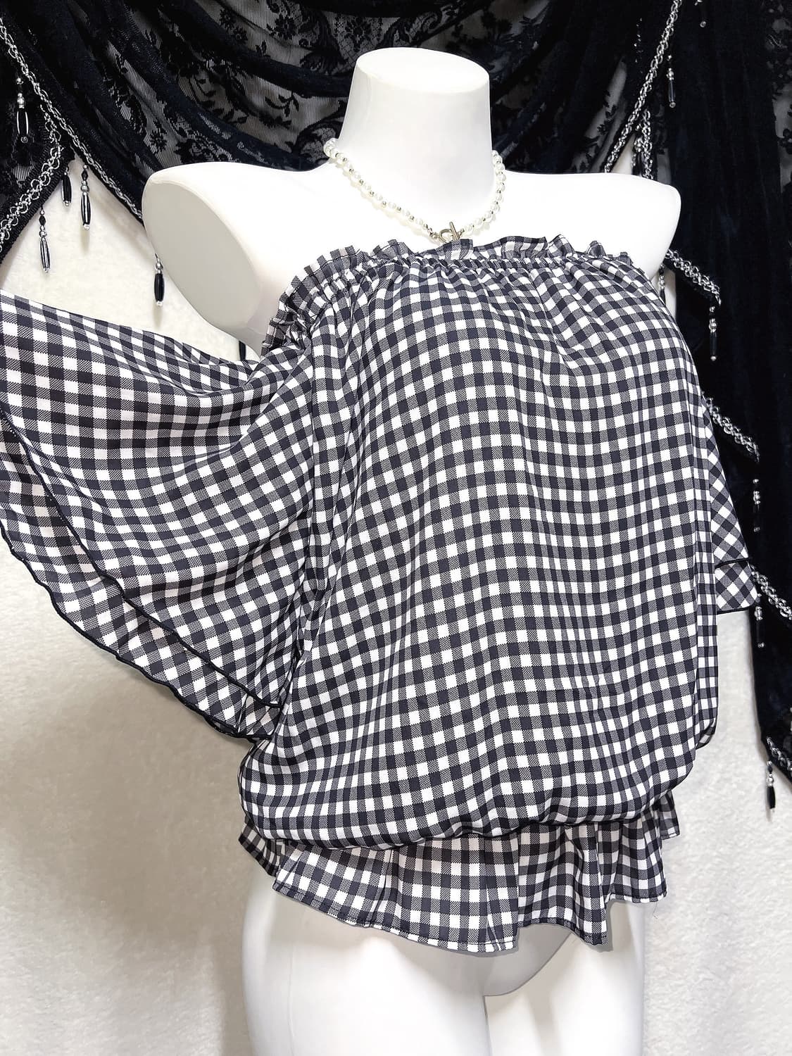 잉그니 ingni 로맨틱갸루 체크 오프숄더 블라우스 로걀탑 튜닉 러블리 상품이미지4