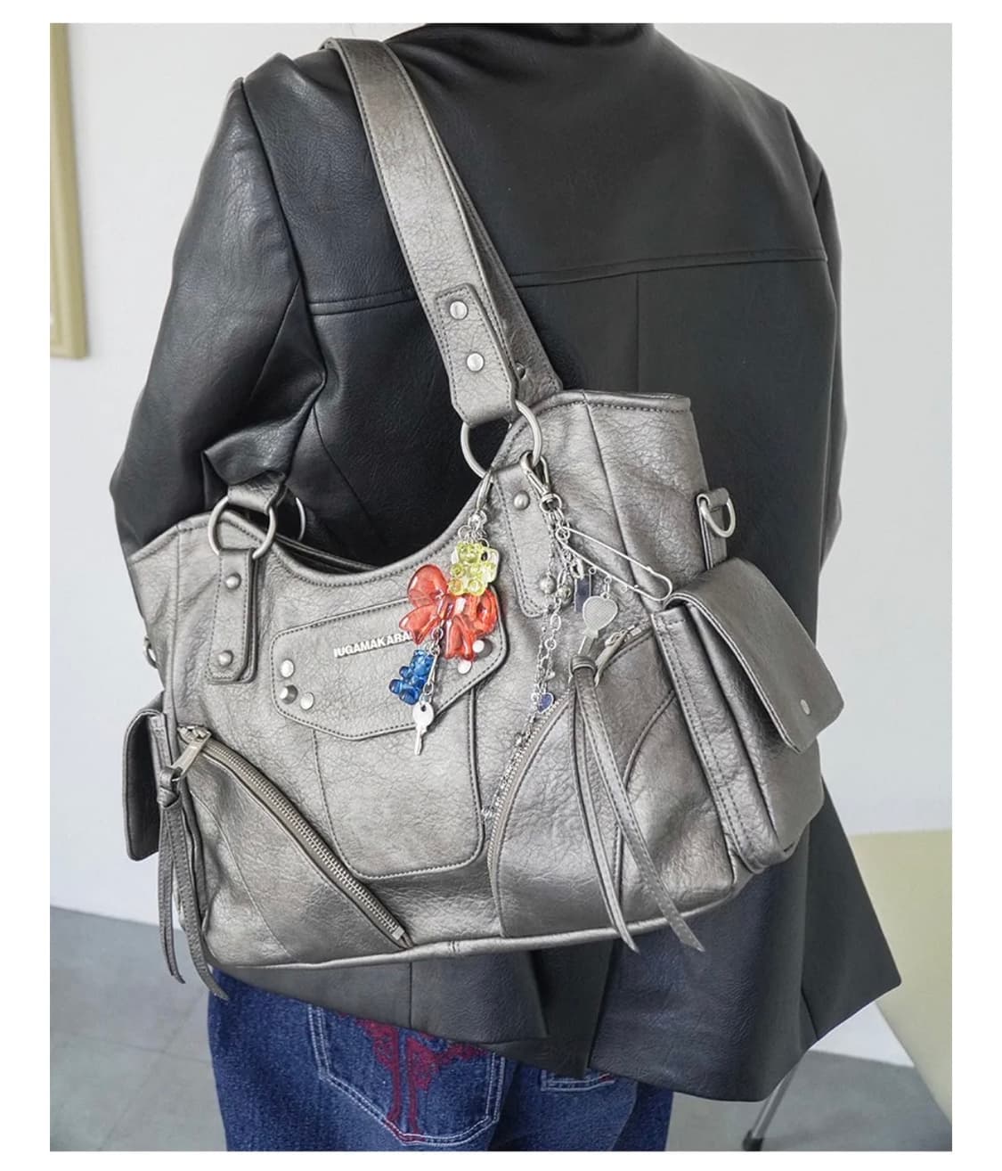 이우가마카라스 스터드 레더 숄더백 실버 상품이미지2