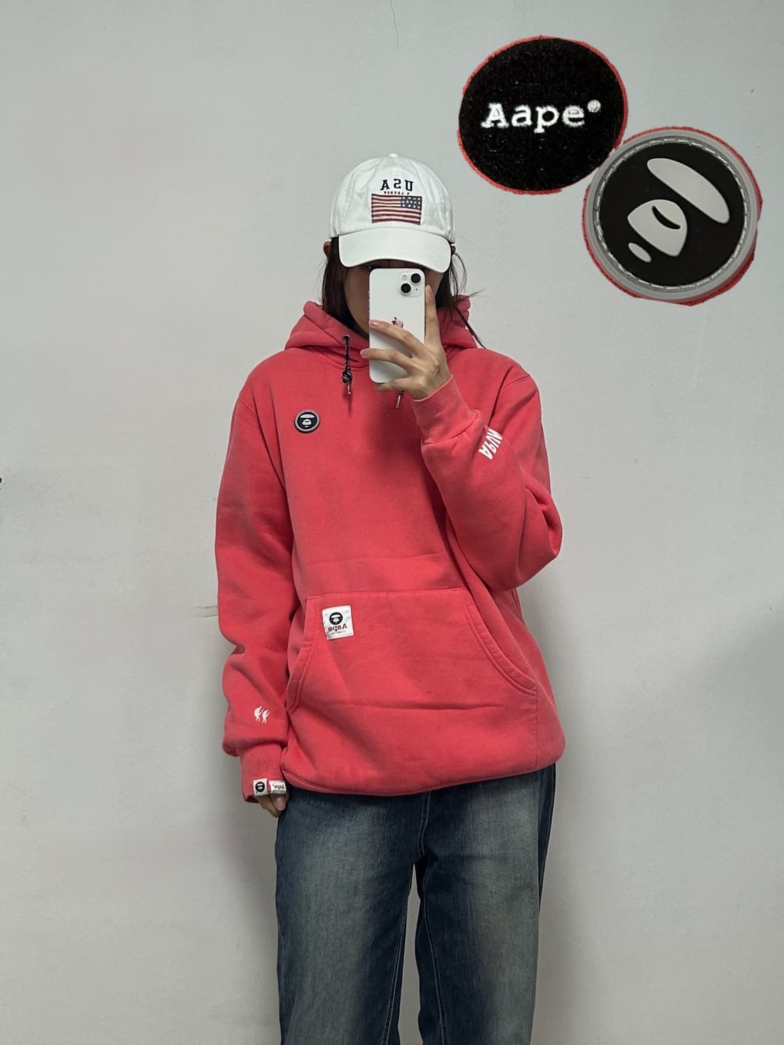 에이프 벨크로 패치 로고 핑크 후드티  상품이미지1