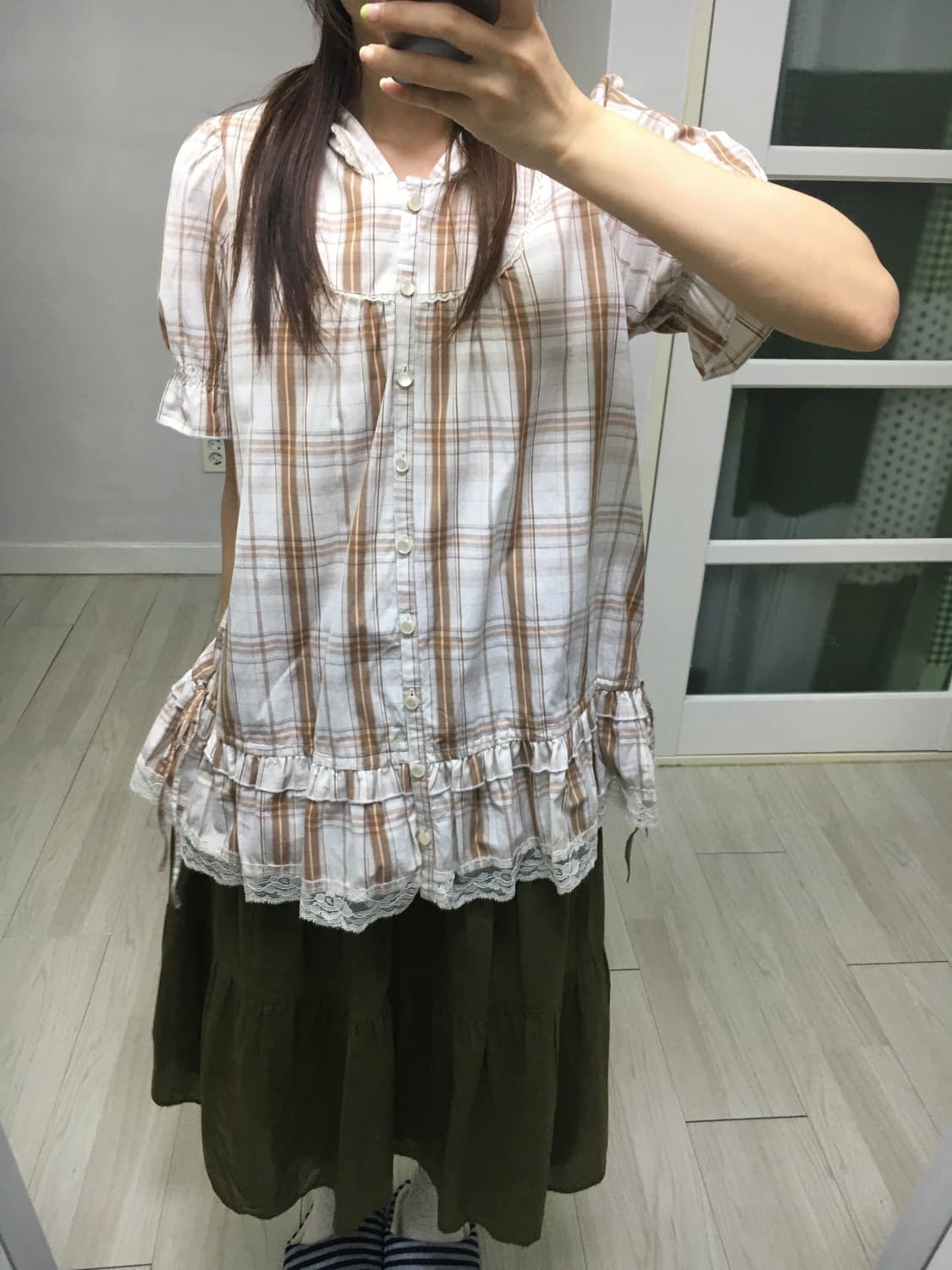 체크 후드 레이스 블라우스 상품이미지2