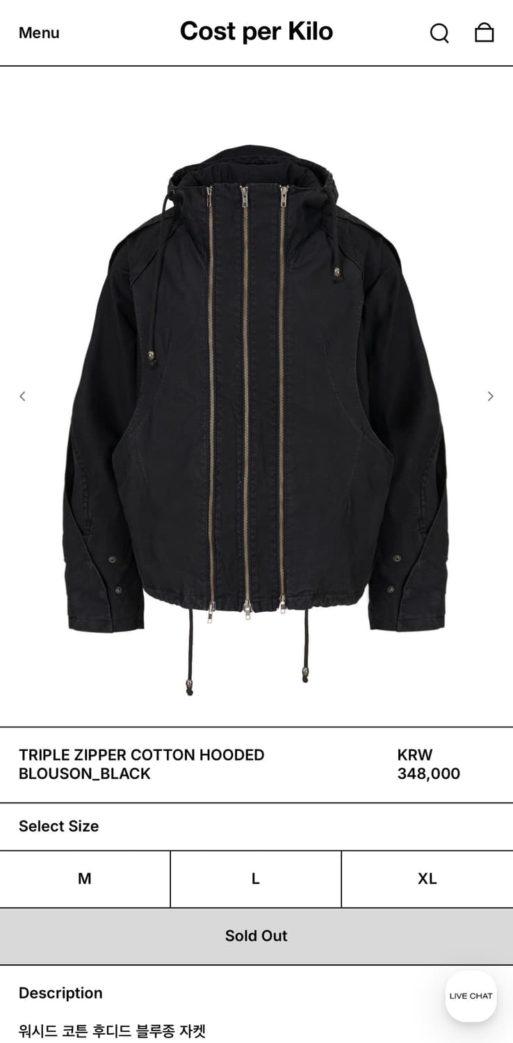 코스트퍼킬로 트리플 지퍼 코튼 후디드 블루종 블랙 상품이미지1