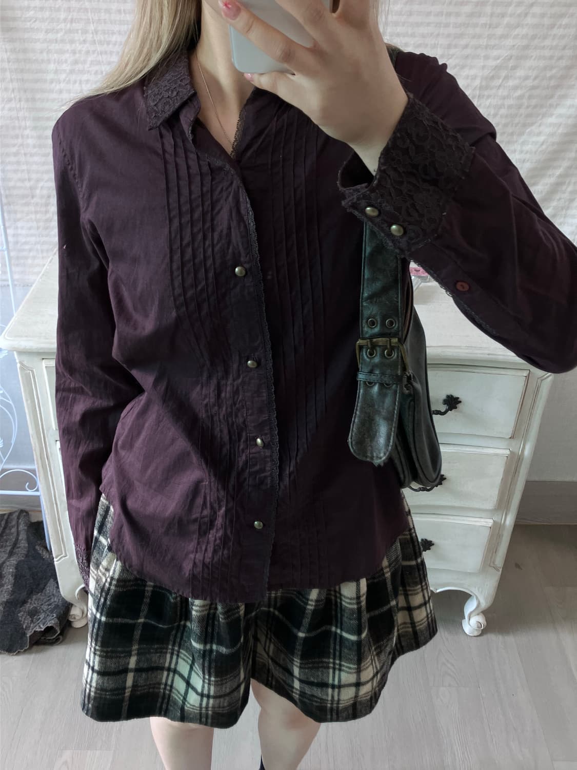 jpn vintage 딥 퍼플 앤티크 레이스 핀턱 셔츠 상품이미지3