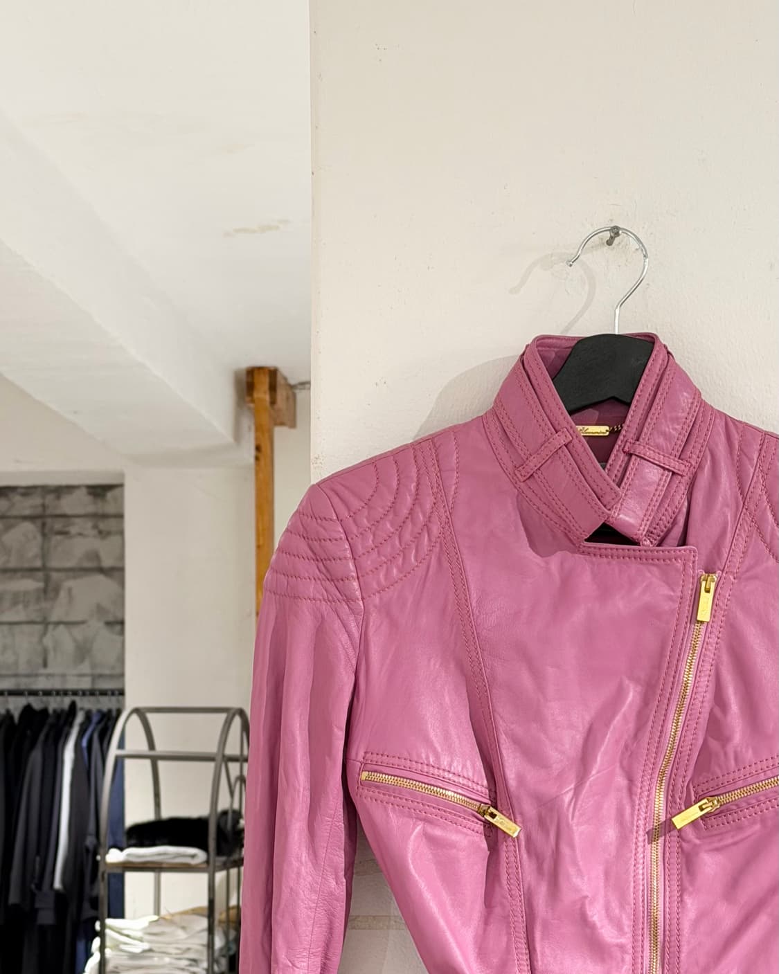 블루마린 핑크 쉽스킨 레더 바이크 자켓 상품이미지2